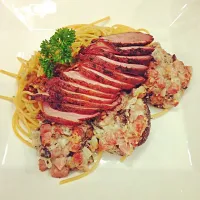 Snapdishの料理写真:Spaghetti chipotle dark beer cream with smoked duck breast and stuffed champignon|Alex Smooth @ Gourmet deli (Siam Paragon)さん