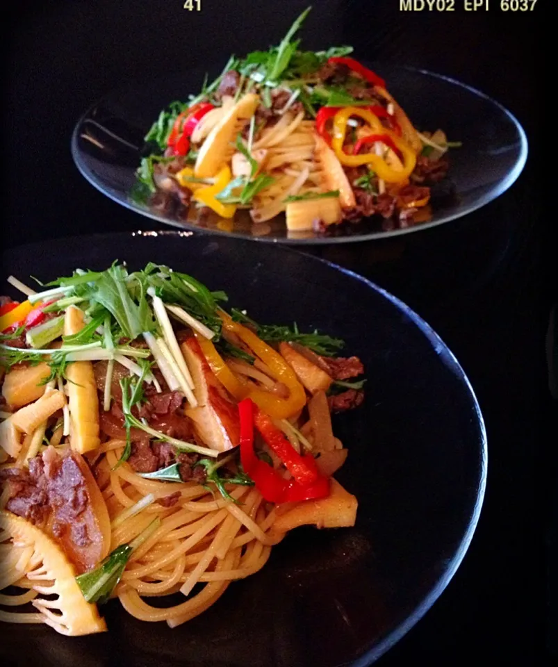 たけのこと刻み牛肉のバター醤油パスタ🍝|さわこさん