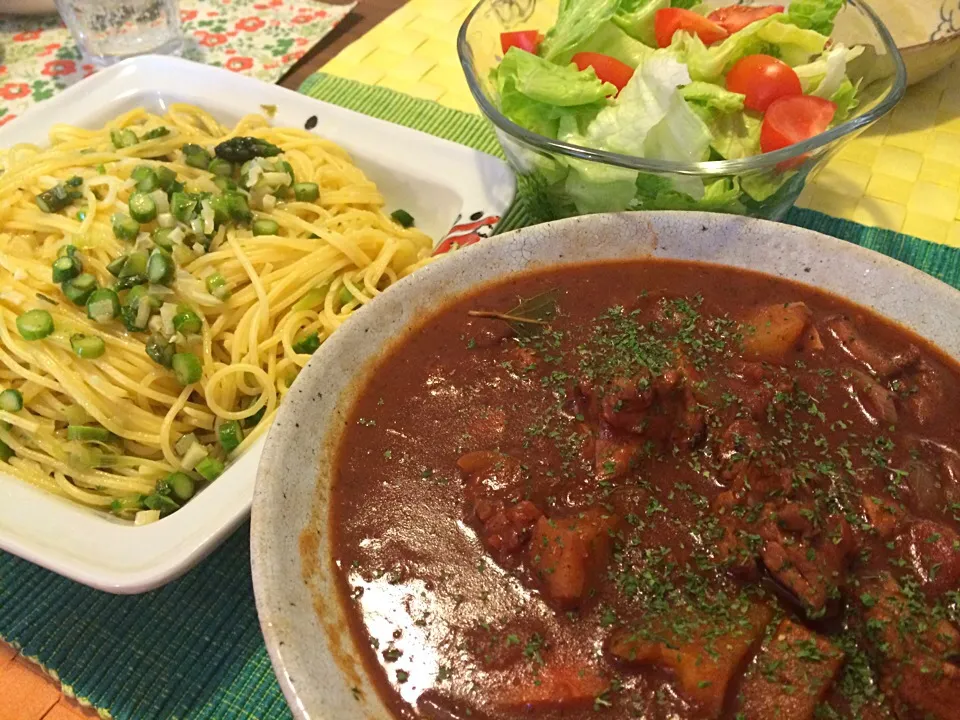 Coq au vin & Spaghetti aglio e olio asparagus|Junya Tanakaさん