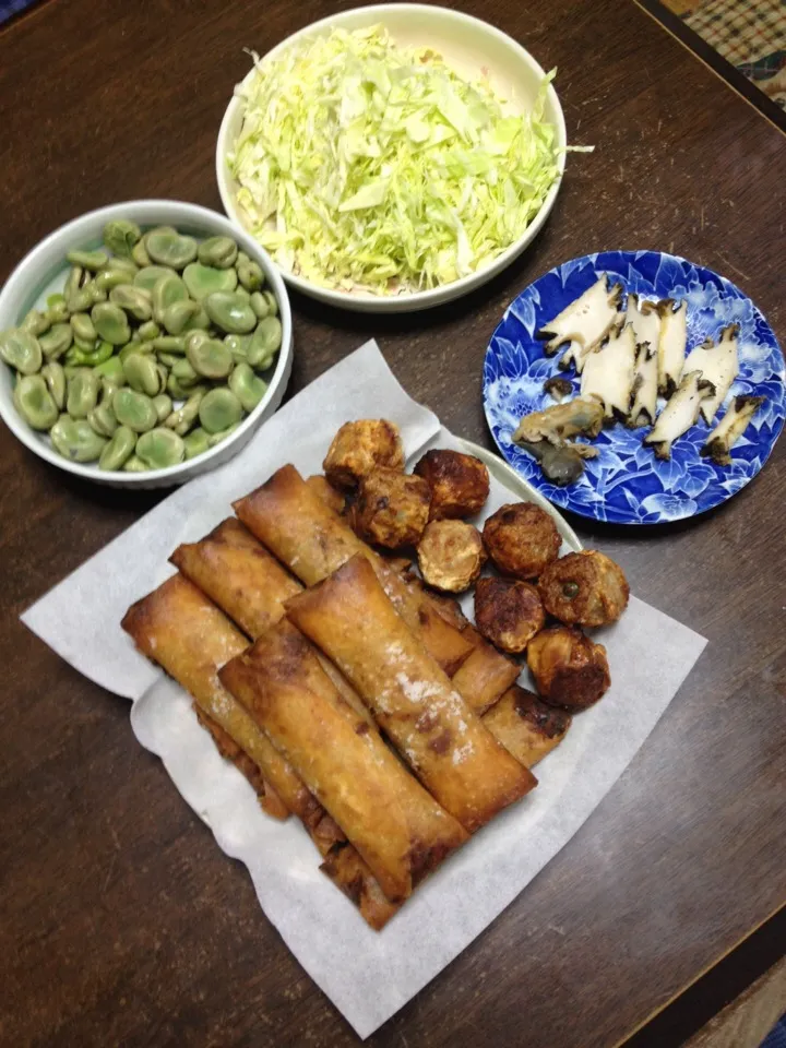 春巻き＆揚げシュウマイ、空豆、キャベツ、茹で鮑|おっちさん