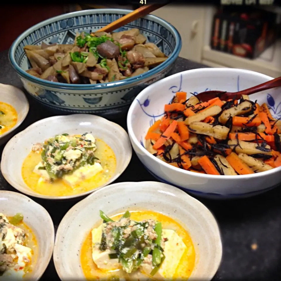 豆乳で麻婆豆腐〜牛すじ煮込み〜ひじきと長天の煮物|ロック♪さん