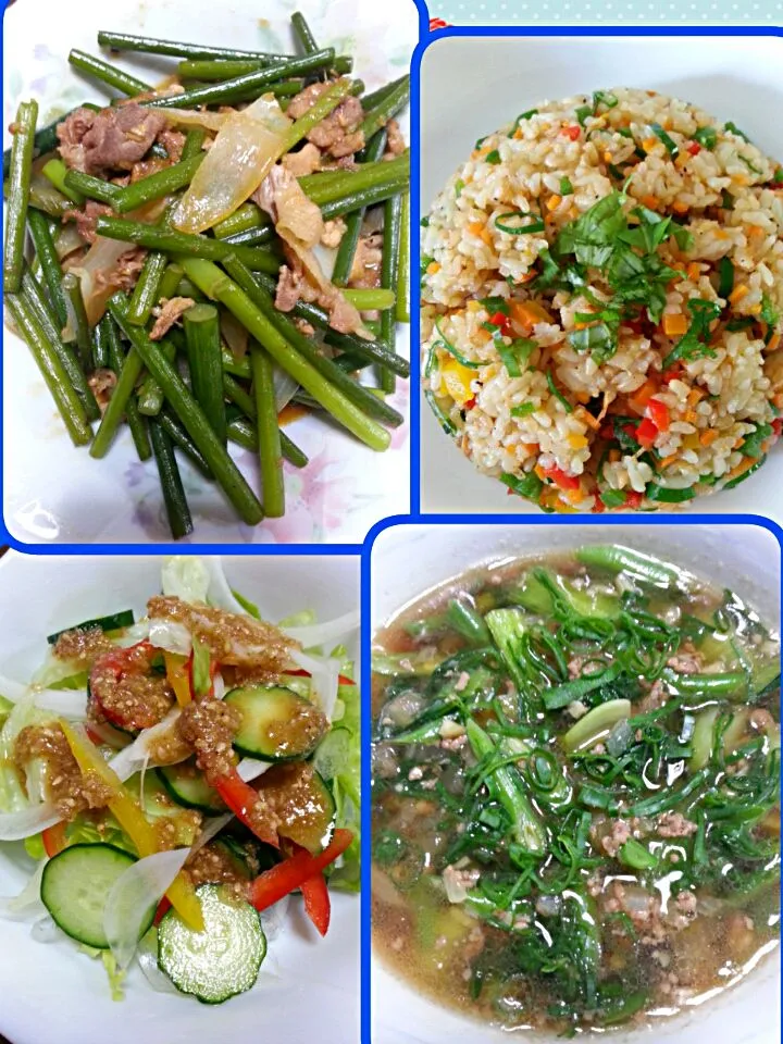 Snapdishの料理写真:spinach&baguio beans soup#saute' garlic stalks 'n pork#vegetables salad#garlic fried rice 'n shrimp paste|Miki Jorierose Obispoさん