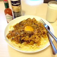 Snapdishの料理写真:Spaghetti meat sauce with aubergine|Reiji Miuraさん