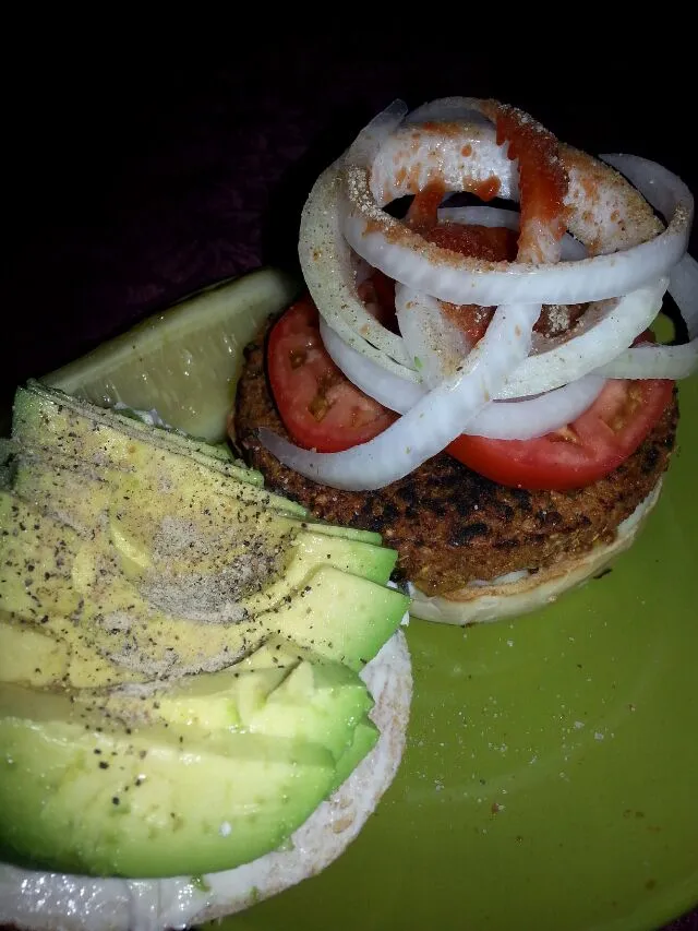 Snapdishの料理写真:my Amy's Burger on onion bagel with avocado,  tomato, onion, ketchup, whole grain mUstard, cream chz, and mayo.|Polly Gelfusoさん