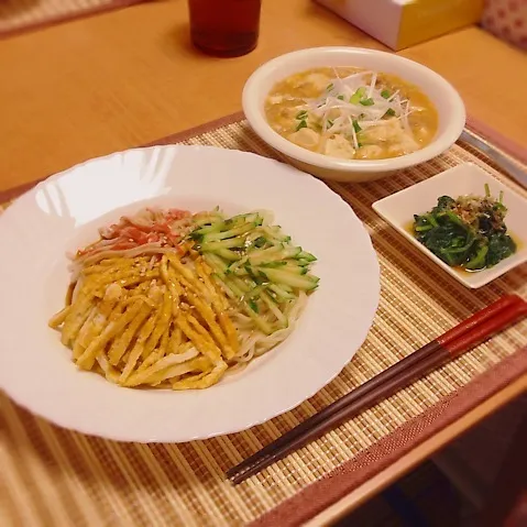 冷やし中華、麻婆豆腐、ほうれん草のお浸し|はるさん