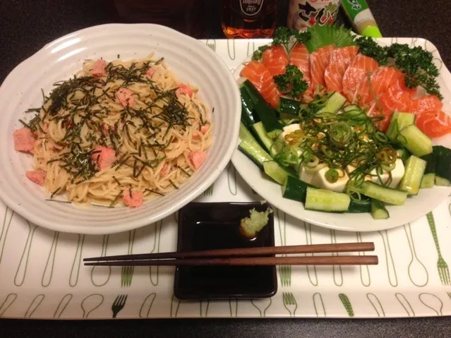 タラスパ、サーモンのお刺身、塩揉みキュウリの胡麻油和え、冷奴！✩⃛꒰⁎⁍̴◡⁍̴⁎ ॢ꒱✨|サソリさん