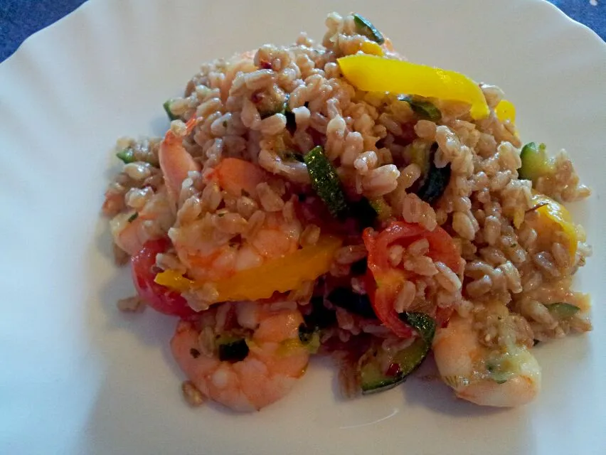 Farro con zucchine peperoni e code di gambero|Cla1990さん