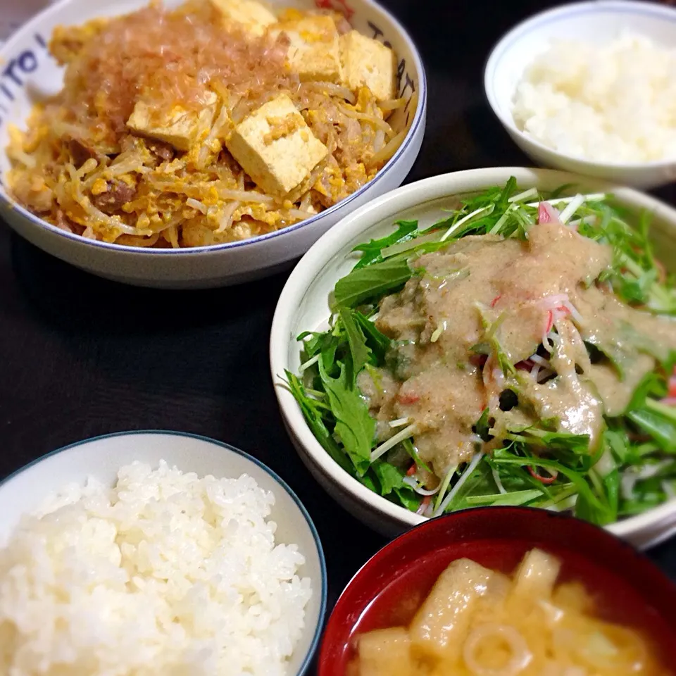 今日の晩ご飯は、もやしチャンプルー、水菜とカニカマの塩麹サラダ、ネギとおあげさんの味噌汁。|ゆえさん