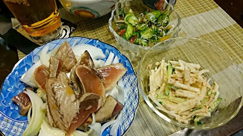 大根サラダ＆胡瓜の酢の物＆カツオのたたきの切り落とし|まぐろさん