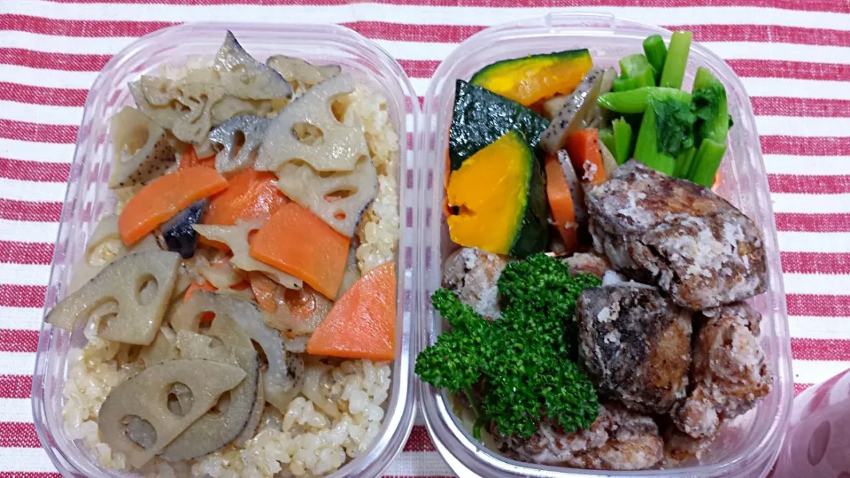 竜田揚げミックスとカラシ菜お浸しのお弁当|Keiko  Itoさん