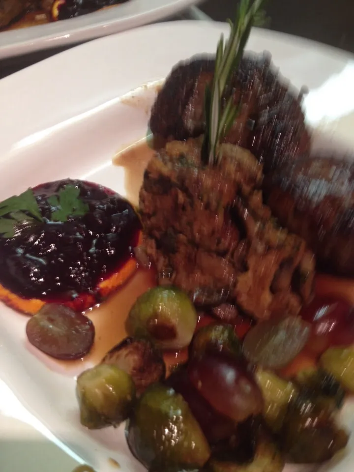 Snapdishの料理写真:Elk Tenderloin, Elk Crepinette, Mushroom Bread Pudding, Brussel Sprouts with Red Grapes & Blueberry Gastrique|Christine pavelkaさん