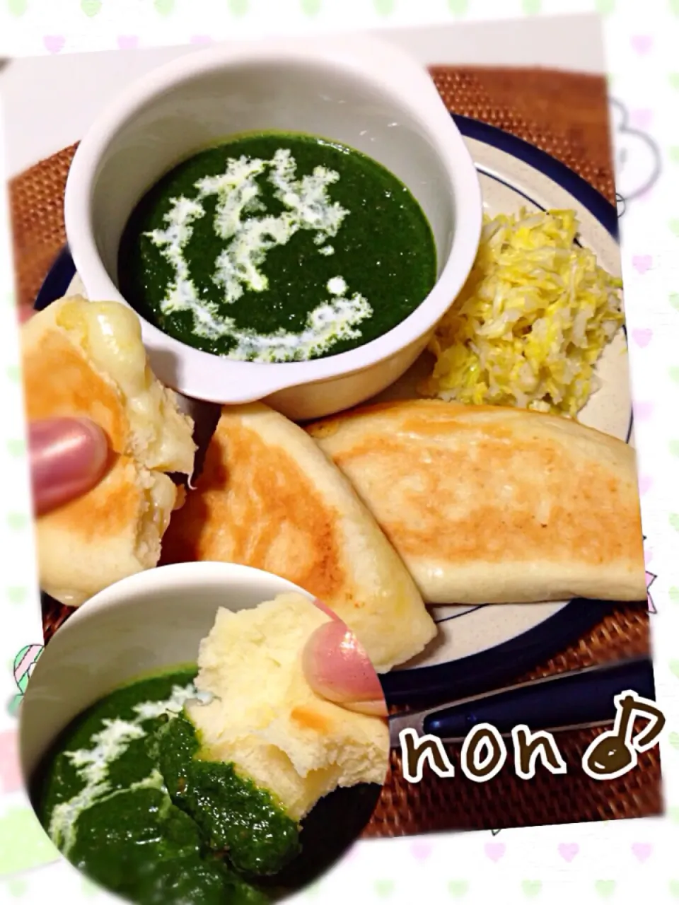 グリーンカレーとチーズ入りナンちって〜(๑･ิ◡･ิ๑)と、三杯酢＆マヨでコールスロー😋|nonさん