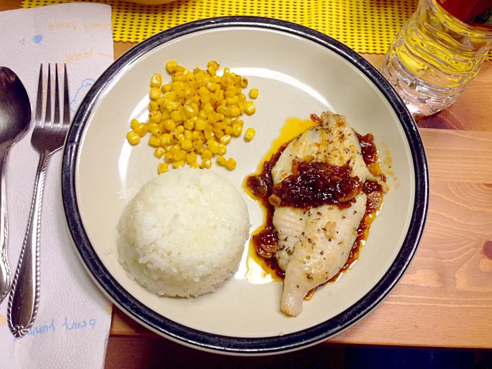 Fish with oyster garlic sauce (my original sauce) with corn|Kate Lucasさん