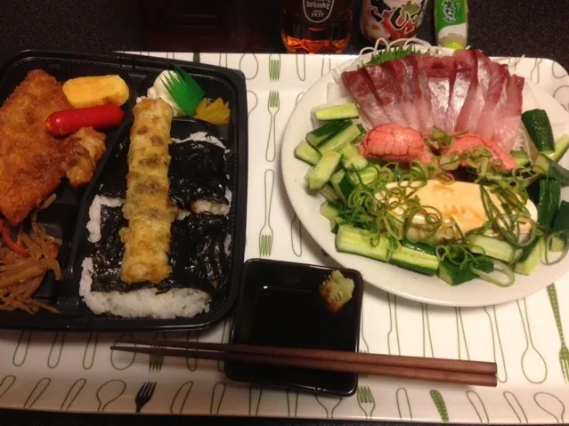 海苔弁当、カンパチのお刺身、焼きたらこ、塩揉みキュウリの胡麻油和え、男奴！꒰⁎×﹏×⁎꒱՞༘✡✨|サソリさん