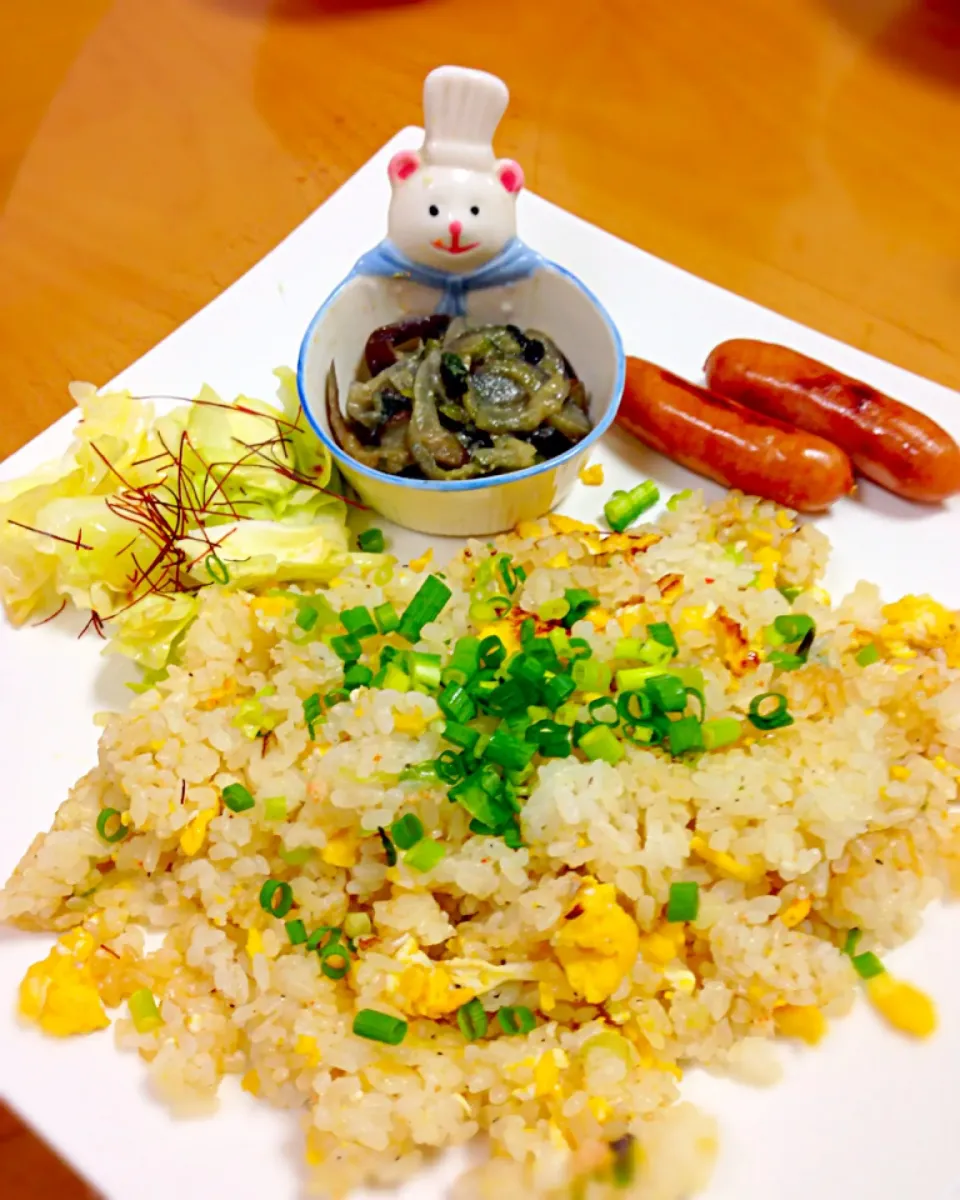 Snapdishの料理写真:カニチャーハンと、キャベツのバター醤油炒め、茄子の味噌炒め|ふみぃさん