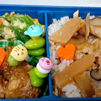 初お弁当♡肉団子＆筍炊き込みご飯＆おくら和え|katemosさん