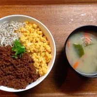 Snapdishの料理写真:そぼろ丼    味噌汁|だいちゃんさん