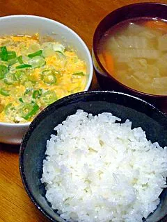 晩ご飯（ご飯、親子煮、味噌汁）|すーさん