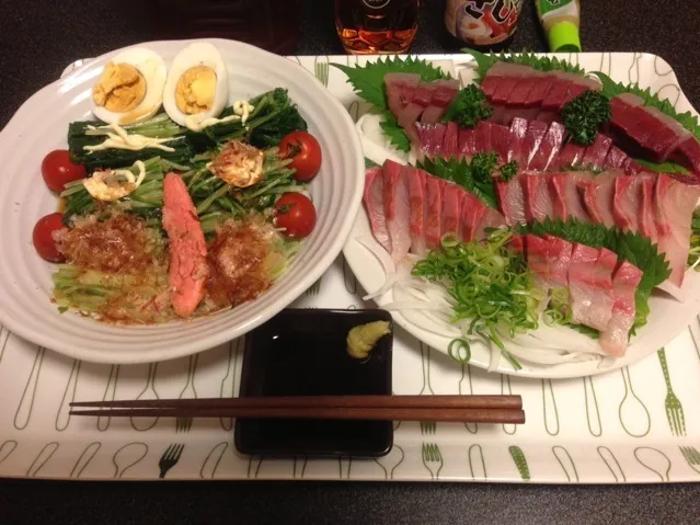 水菜のお浸し、茹で卵、ミニトマト、焼きたらこ、ワカナとカンパチのお刺身！ू(๑ ›◡ु‹ ๑ ू)✨|サソリさん