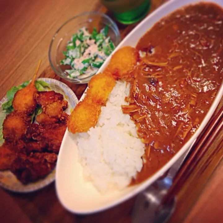 トマトチキンカレー 唐揚げ 鶉の卵 スナップエンドウシーチキン和え|＊asa＊さん