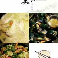 Chicken Green Curry+ Steamed Mussels with Basil+ Stir Fried Kale with Crispy Pork|Trailadaさん