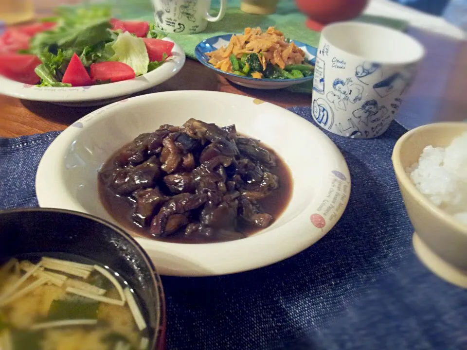 茄子の煮物、ほうれん草と人参のお浸し、味噌汁|かなさん