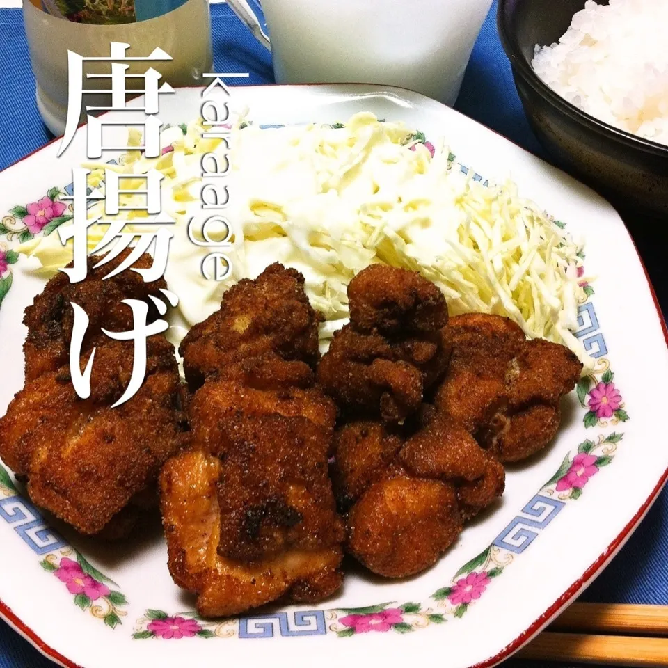 Snapdishの料理写真:140513-鶏もも唐揚げ/キャベツ/ご飯 ¥240 #夕食 #自炊|dune725さん