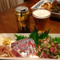 Snapdishの料理写真:鯵刺身とたたき SunSunオーガニックビール|Amocoさん