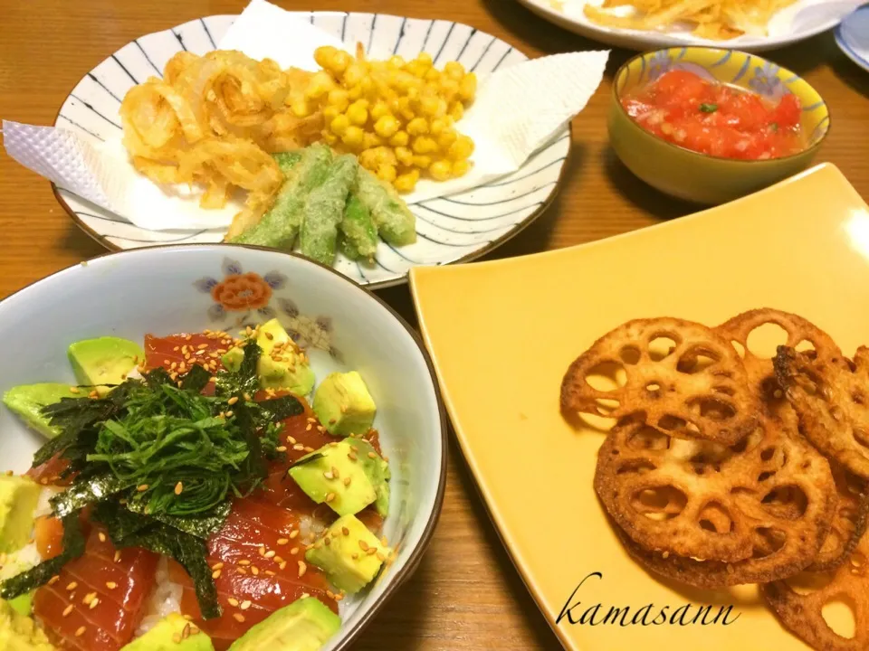 マグロの漬け丼  かき揚げ♪|かまさん