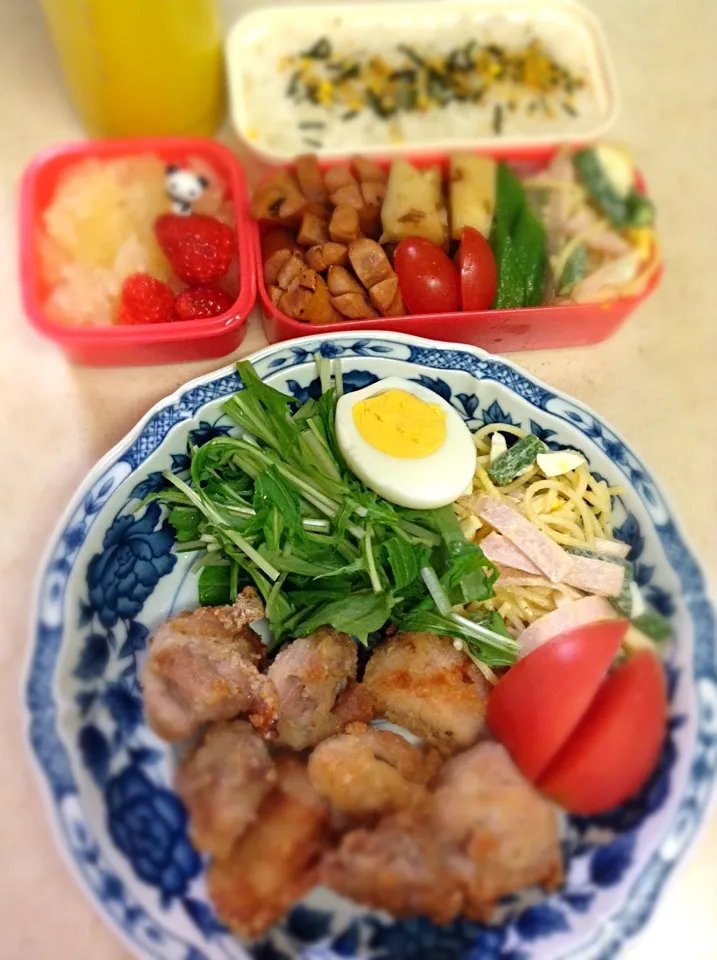 Today's JK lunch box & dinner plate. 今夜は飲みに行くので夕食も作ったエヘン。オーブントースターで揚げない唐揚げ。|hoppycowさん