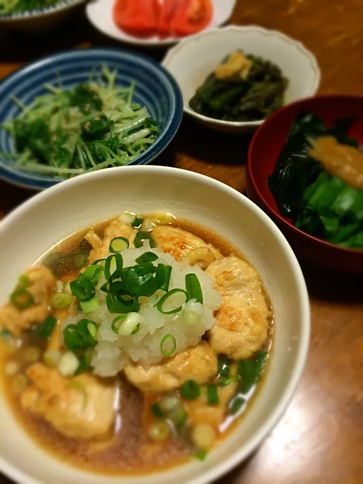 鶏胸肉のおろし煮、水菜胡麻あえ、わらび生姜あえ、さしびろとわかめの酢味噌あえ、|raku_darさん