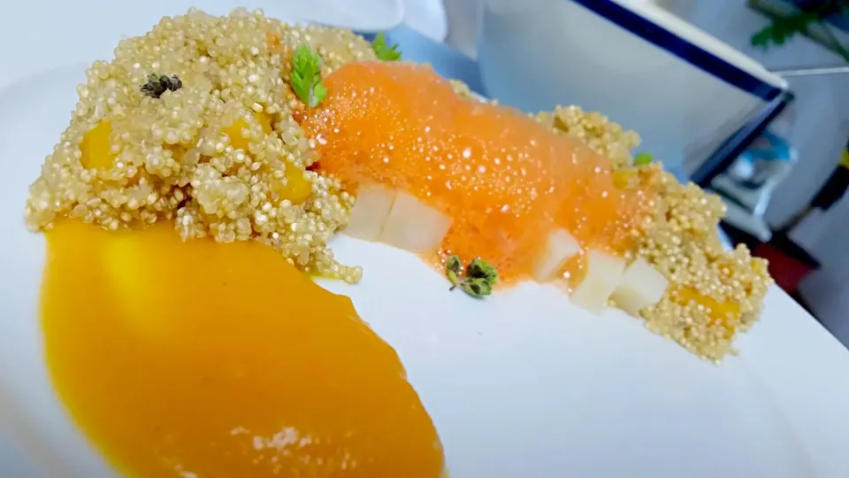 Quinoa, with butter nut squash, potatoes and spicy carrot foam.|Michael M Schleyerさん