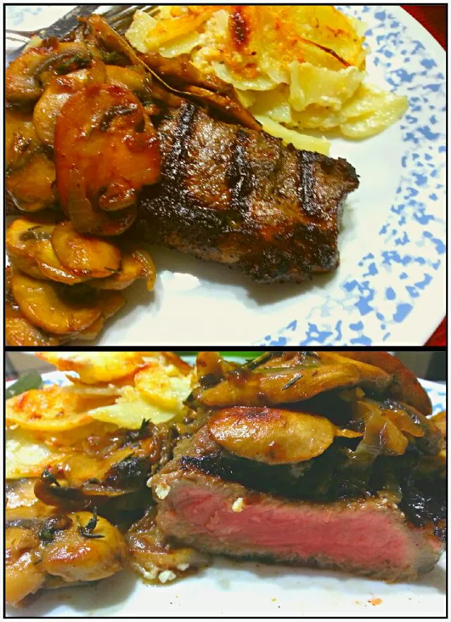 Striploin Steak with Garlic Thyme Mushrooms in White Wine Sauce and Scalloped Potatoes|S Theoさん