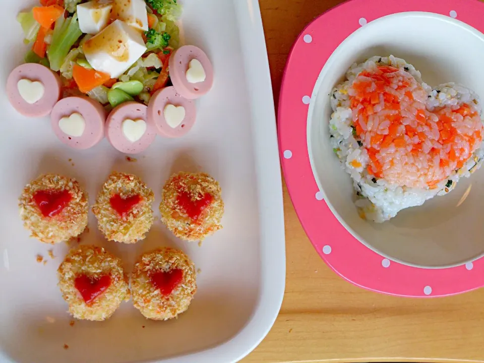 お豆腐サラダ/ツナチーズコロッケ/ハートごはん|あんこさん