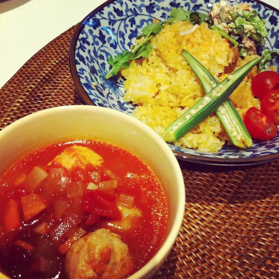 鶏肉団子のミネストローネとイナバのカレー炊き込みご飯|レイさん