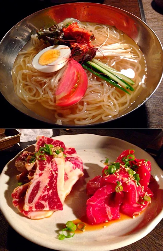 Snapdishの料理写真:【焼肉 旨味】韓国冷麺🍜 &牛カルビ二皿&骨付きカルビ一皿✨カルビうますぎ😂😂お昼から焼肉を食いまくるぞ👊👊|Tanni Kaさん