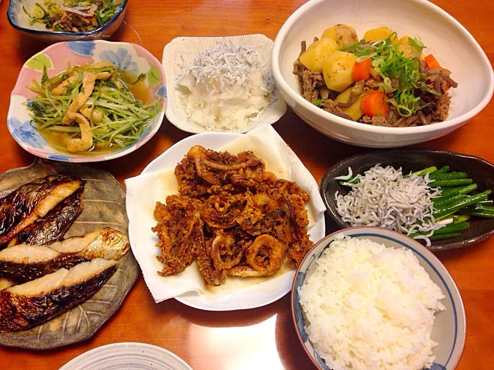 肉じゃが  イカフライ  ネギシラス  サワラ味噌漬け水菜とお揚げの炊いたん  シラスおろし|みゆさん