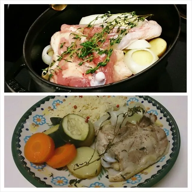 Snapdishの料理写真:staubでチキンの蒸し焼き。
野菜は玉ねぎ、ニンジン、ズッキーニ、じゃがいも。
そしてクスクスを添えました。
野菜が甘くて美味しかったです！|akemi🐝さん