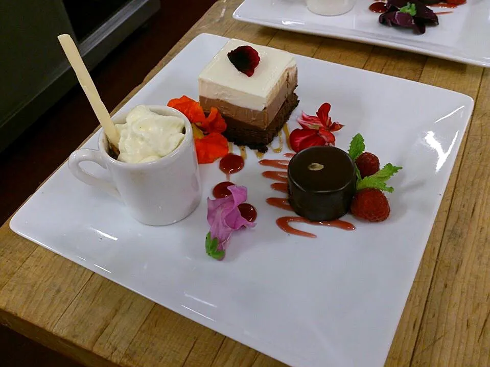 Snapdishの料理写真:Pot de creme(cup), 3 chocolate moose, and chocolate petite four|American Integratedさん