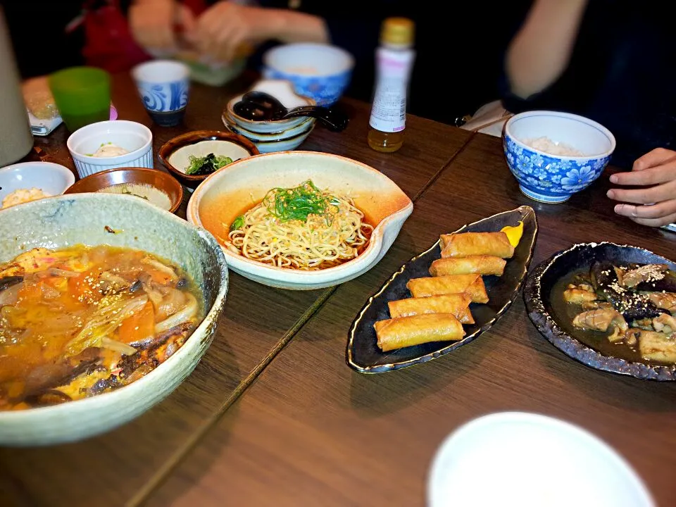 天津飯、拉麺、春巻、茄子とイカのｵｲｽﾀｰｿｰｽ炒め|かなさん