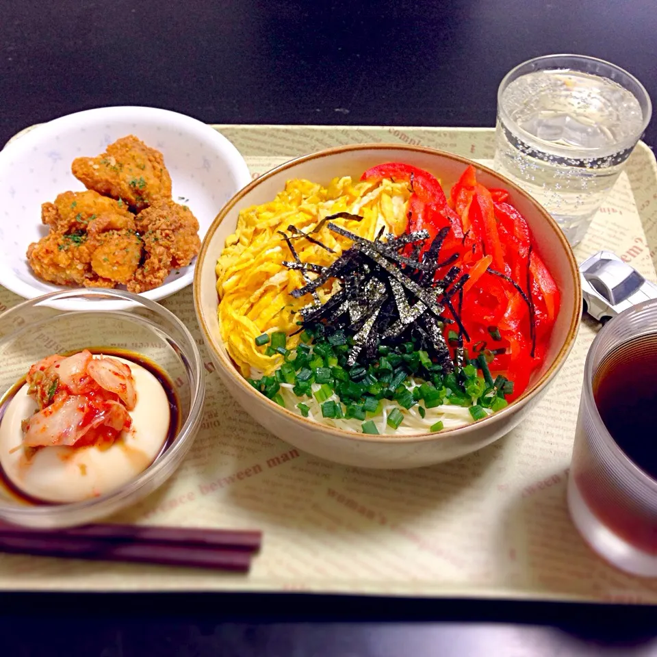 そうめん、キムチ豆腐、唐揚げ(^^)|いかぴさん