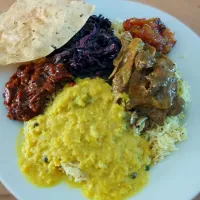 Snapdishの料理写真:Chicken Black Curry with Paripoo, Seeni Sambol, Red Cabbage Badun, Pumpkin and Date Chutney, Papadams and Pilau Rice.|(*ﾟ▽ﾟ*)｡.:*☆☁さん