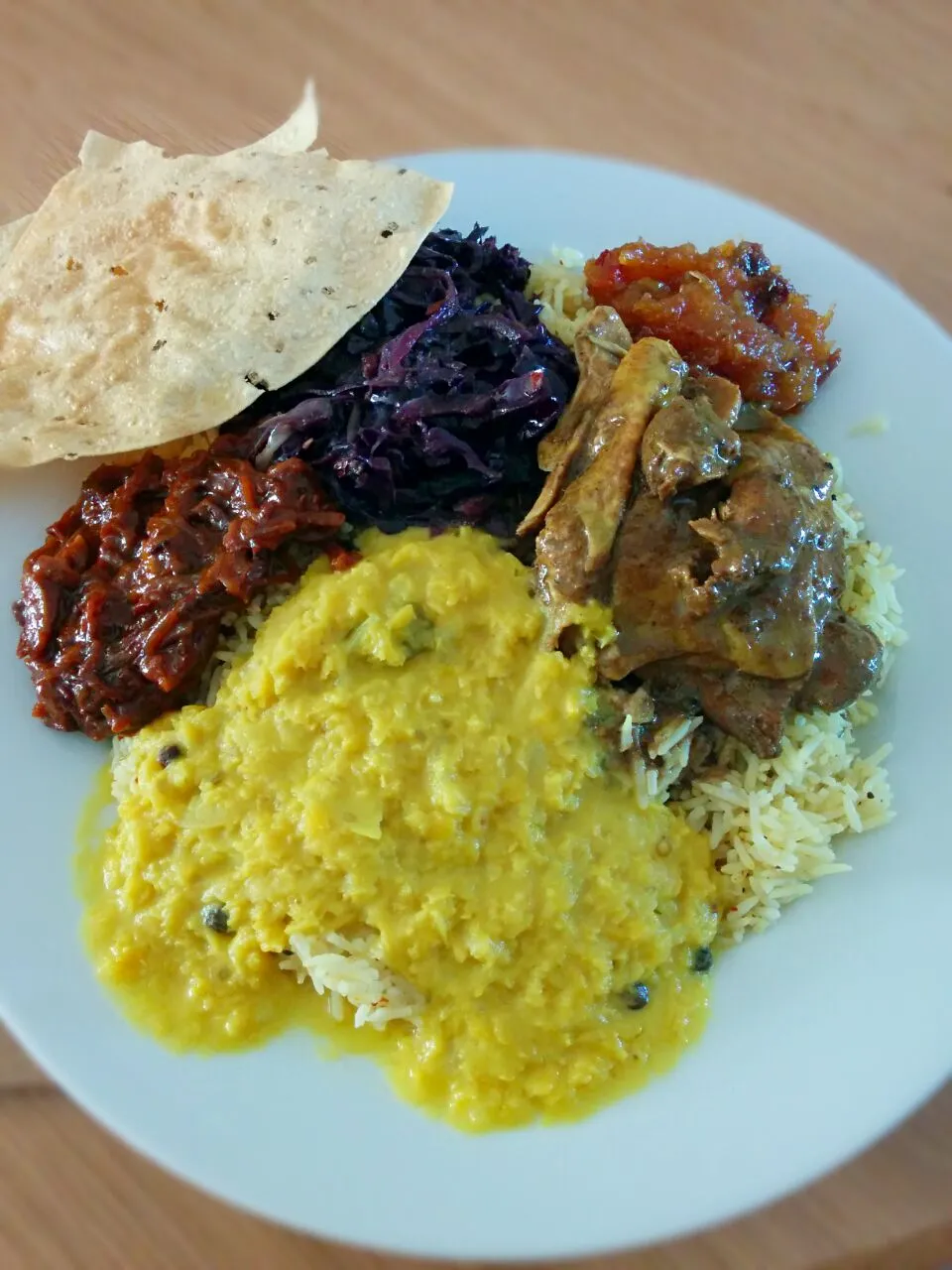 Chicken Black Curry with Paripoo, Seeni Sambol, Red Cabbage Badun, Pumpkin and Date Chutney, Papadams and Pilau Rice.|(*ﾟ▽ﾟ*)｡.:*☆☁さん