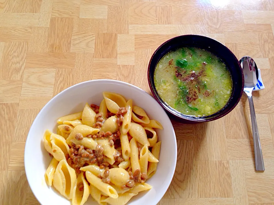 納豆カルボナーラ(わさび風味)レタスと白身のスープ|Tarou  Masayukiさん