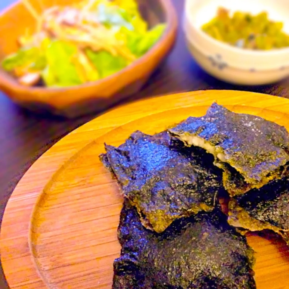 大和芋の磯辺揚げ♡キノコマリネ♡カブの葉おかか炒め|さゆちゃんさん