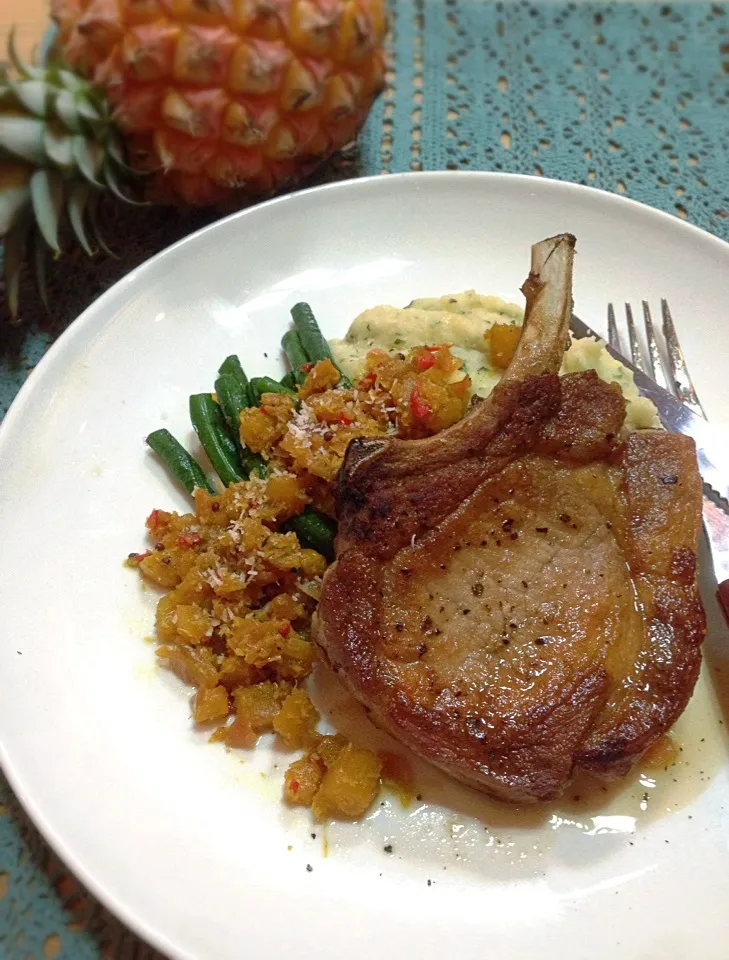 Pan fried pork chop,pineapple and coconut chutney,potato purée with shiso|rick chanさん