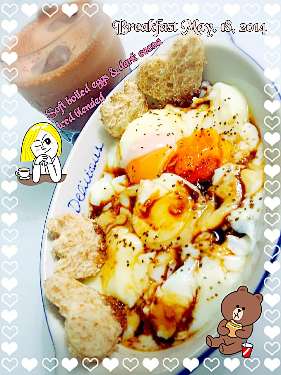 Soft Boiled eggs+cute bread dip+iced blended dark cocoa low fat milk♡😘😋|🌷lynnlicious🌷さん