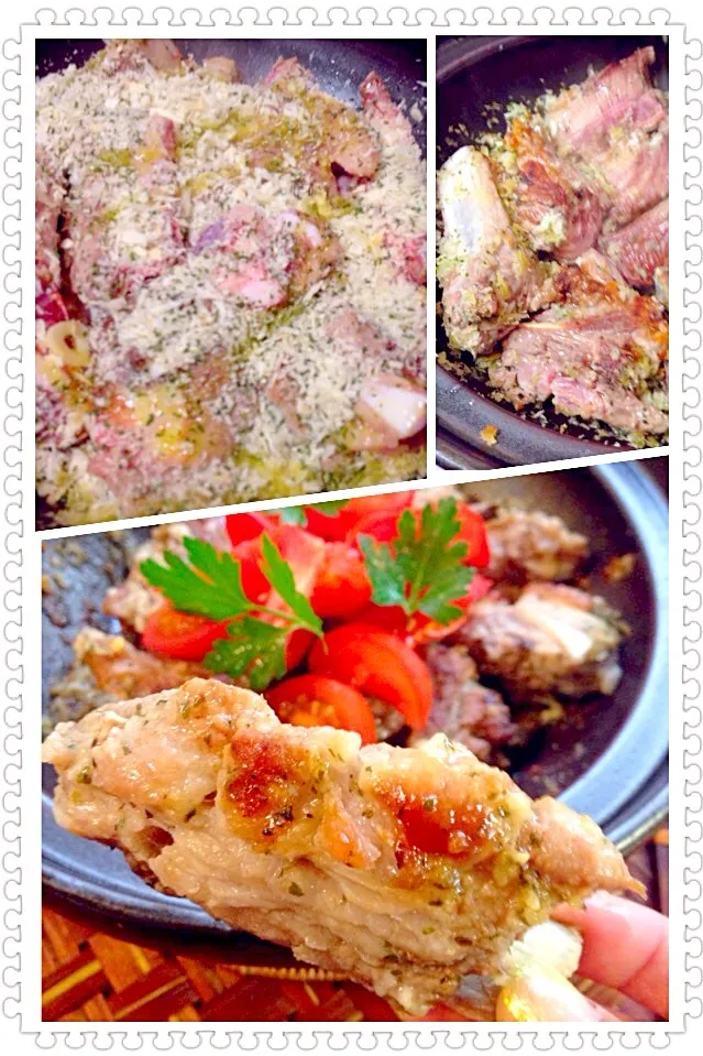 Grilled pot of  herb bread crumbs of spare ribs w/fresh tomato🍅ｽﾍﾟｱﾘﾌﾞの香草ﾊﾟﾝ粉の土鍋焼き ﾌﾚｯｼｭﾄﾏﾄ添え|🌈Ami🍻さん