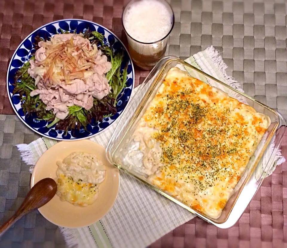 カニクリームマカロニグラタンの晩ご飯|有山さん