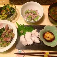 Snapdishの料理写真:鱧の湯引き、ホタルイカのネギ味噌マリネ、レンコンとスナップエンドウの梅サラダ、三つ葉のコチュジャンサラダ|Yuuki.Mさん